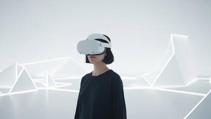 Woman using virtual reality headset in a futuristic white environment. Future technology concept and digital interaction for immersive experience.