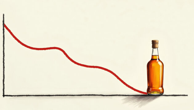 Conceptual drawing showing a glass bottle of amber liquid resting at the bottom of a sharply declining red graph line, representing financial loss, 