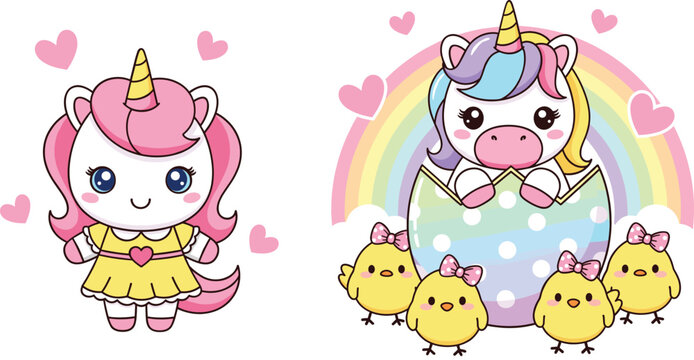 Cute unicorn characters with hearts, rainbow, chicks, and Easter egg in colorful pastel kawaii style vector illustration