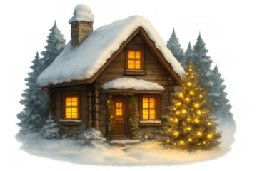 Cozy christmas cabins in snowy winter landscape with glowing lights, festive holiday season in rustic cottage, transparent background