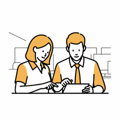 Minimal Coworkers Checking Productivity Metrics with Focused Expressions &ndash; Vector Line-Art Illustration