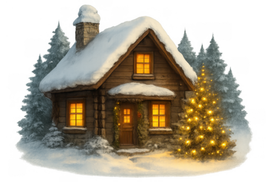 Cozy christmas cabins in snowy winter landscape with glowing lights, festive holiday season in rustic cottage, transparent background - Powered by Adobe