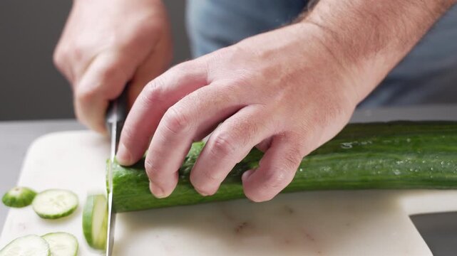 A hand slices a fresh cucumber on a white cuttingboard with a sharp knife. Simple kitchen prep scene for salad, cooking or healthy eating concepts.