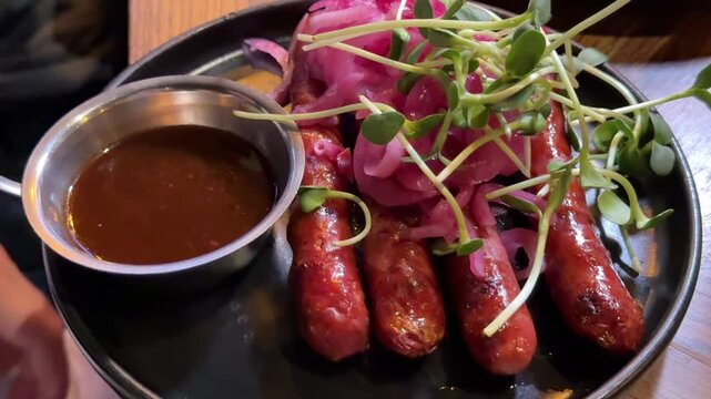 sausage, greens, meat and cutlet with tomato and sauce microgreens new potatoes. High quality 4k footage