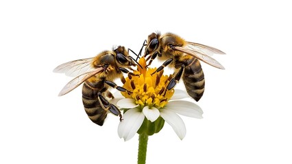 Two honeybees collecting pollen on a beautiful white and yellow flower isolated on white, perfect for nature, conservation, and environmental projects
