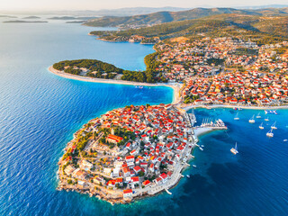 Primosten. Croatia. Aerial drone view of a charming small town at Adriatic Sea, Dalmatia