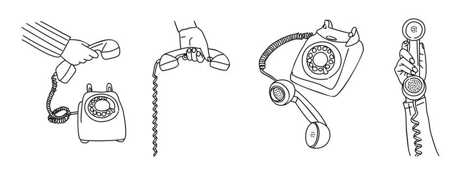 Set of vintage rotary dial telephones and hands sketch drawings. Black line art  vector illustrations isolated on transparent background.