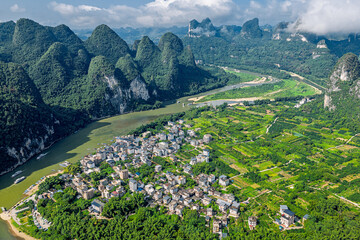 Aerial view of the karst mountains and river scenery in Guilin Yangshuo China.