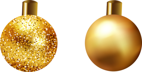 A pair of festive gold christmas baubles, one with smooth reflective surface and one with sparkly glitter texture.