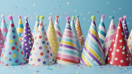 Obraz premium Colorful party hats scattered with confetti on blue background