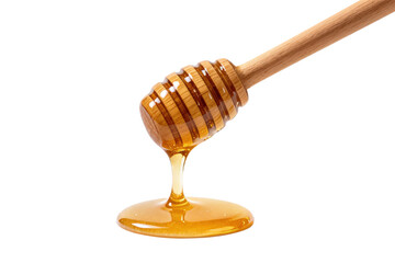 Honey dripping from a wooden honey dipper on a white background