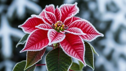 Close up of a frosted red poinsettia flower with white edges.