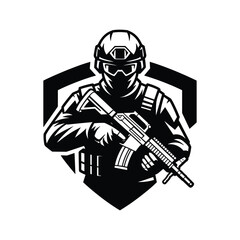 Soldier in tactical gear holding a rifle with a shield emblem