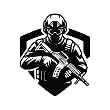 Soldier in tactical gear holding a rifle with a shield emblem
