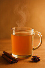 Cozy hot apple cider in a clear mug, warm golden tones, rising steam, cinnamon sticks and star anise, soft autumn ambience, minimal and inviting