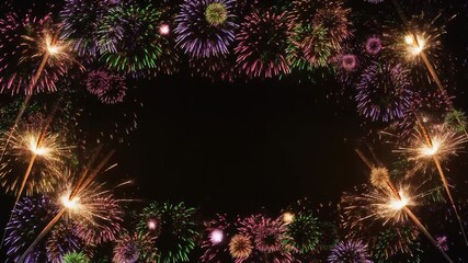 A New Year's Eve celebration with sparklers and vibrant fireworks at the edges.