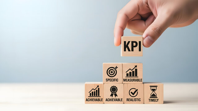 Hand placing a KPI wooden cube on a stack with specific measurable achievable realistic timely
