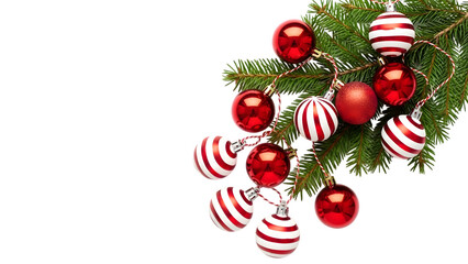 Vintage christmas ornaments hanging from a branch isolated on transparent background