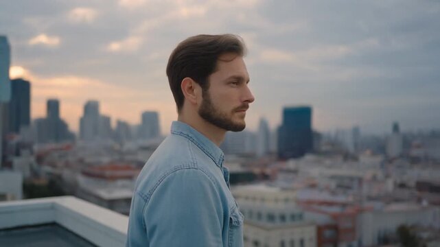 A slow-motion 360-degree spin around a person standing on a city rooftop.
