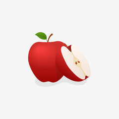 Whole red apples and ripe slices, fruit vector illustration on white background