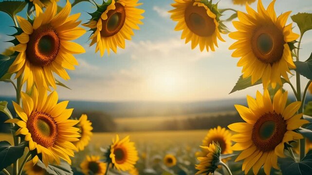 Vibrant sunflowers positioned at the corners of the frame, leaving an unoccupied center, radiating positivity and warmth.