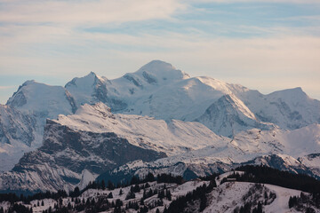 Snow-covered Mont Blanc massif glowing in warm winter light above forested alpine foothills in the French Alps
