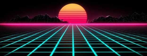 Neon blue and pink background with a large orange sun in the sky. The sun is positioned in the middle of the sky