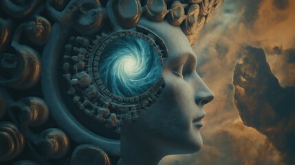 Figure with a spiral mind representing deep thought and cosmic connection