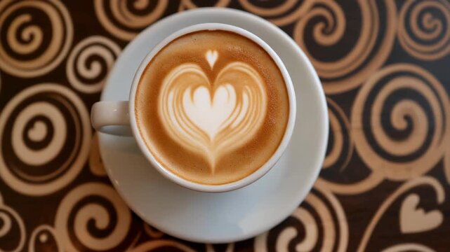 A latte with perfect heart-shaped art, resting in a white cup on a saucer