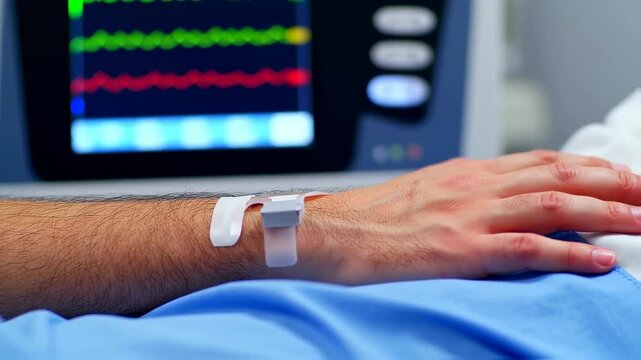 A patient's arm with monitor displaying vital signs. A pulse oximeter is attached. Soft blue fabric visible