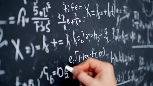 A hand writes equations on a chalkboard, filled with complex formulas. White chalk creates text