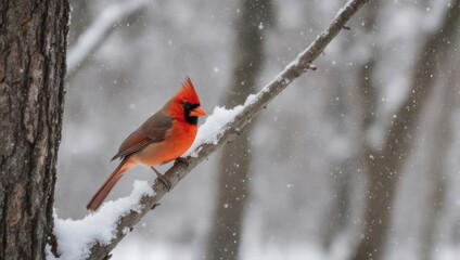 Vibrant Red Cardinal Perched on Snowy Branch in Winter Scene.