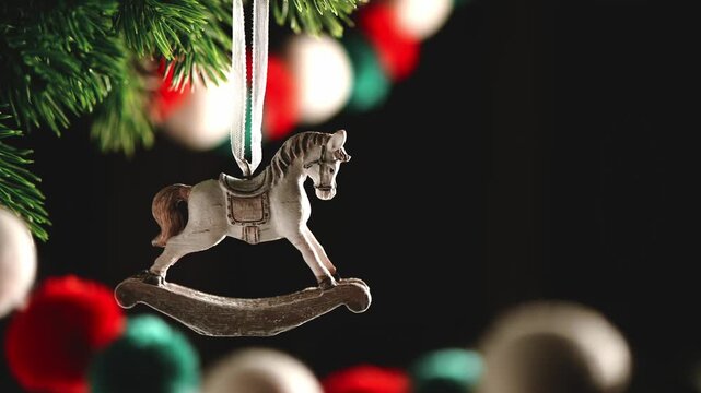 Vintage rocking horse ornament hanging from a green christmas tree branch, evoking feelings of nostalgia and childhood memories during the festive holiday season with copy space