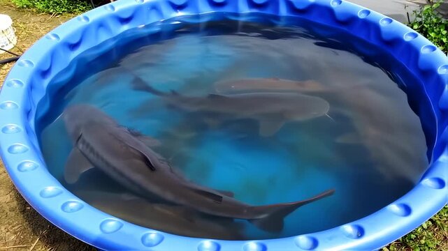 Several fish swim in a circular blue pool filled with water, viewed from above