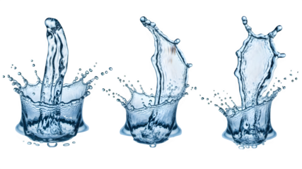 Water splash sequence three shots isolated on transparent background