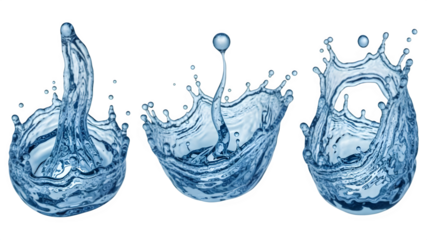 Three water splash shapes isolated on transparent background