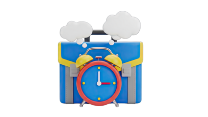 3D Illustration of a Blue Briefcase with a Red Alarm Clock and Fluffy White Clouds in a Clear Sky on a Transparent Background Representing Time Management and Business Travel Concepts