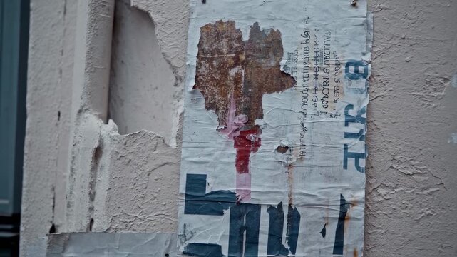 A weathered, torn poster with faded colors and text affixed to an aged, textured wall