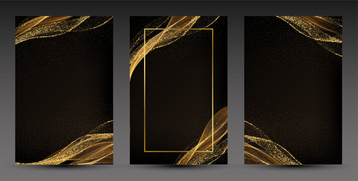 Abstract shiny color gold wave Invitation Card design. Vector illustration. Merry Christmas and Happy New Year Background. BG for invitation and greeting card