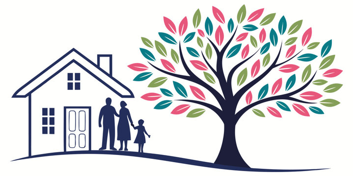  Family care logo featuring silhouette of senior and child near house and colorful tree