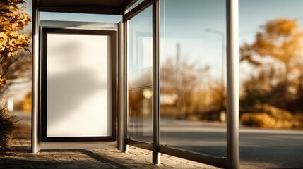 Fototapeta premium White sign is on a bus stop. The sign is empty and the bus stop is empty