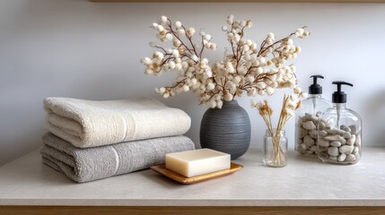 White towel is stacked on top of two other towels. A vase with flowers sits on top of the towels