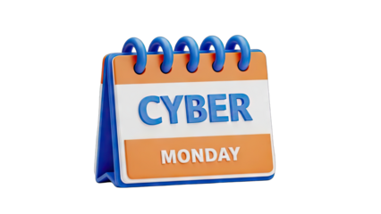 3D Illustration of a Calendar Showing Cyber Monday with Blue and Orange Colors and a Transparent Background