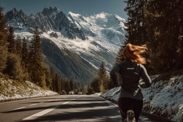 Woman is running down a snowy road with mountains in the background. The scene is peaceful and serene