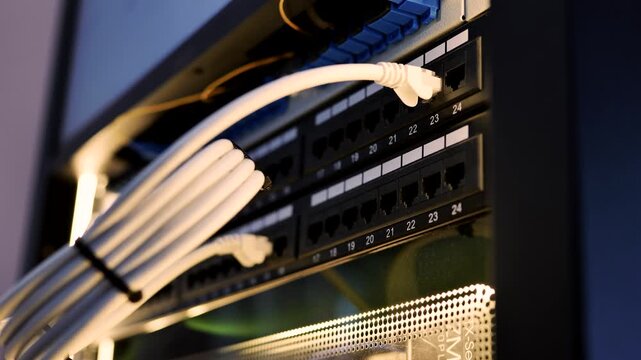 Ethernet cables connecting to a network switch in a data center rack