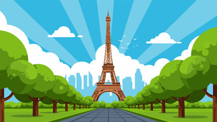A picturesque view of the Eiffel Tower in Paris, France, framed by a tree-lined avenue and a cityscape in the background under a bright blue sky.