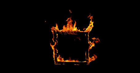Photography of a burning wooden beam in frame shape isolated on a black background. Detailed fire...
