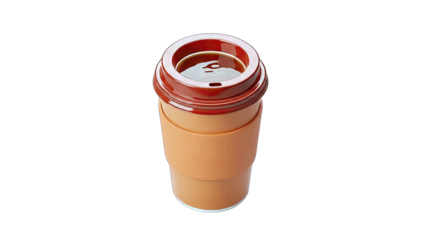 Insulated coffee cup with red lid, handle, and sleeve on white background