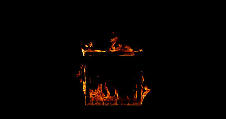 Obraz na płótnie Canvas Photography of a burning wooden beam in frame shape isolated on a black background. Detailed fire textures ideal for VFX, compositing, overlays, graphics, and cinematic effects.