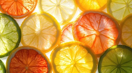 Food as Abstract & Pattern A flat lay of thinly sliced citrus fruits--orange, lemon, lime, grapefruit--arranged in an overlapping, colorful pattern, backlit to make them glow, 